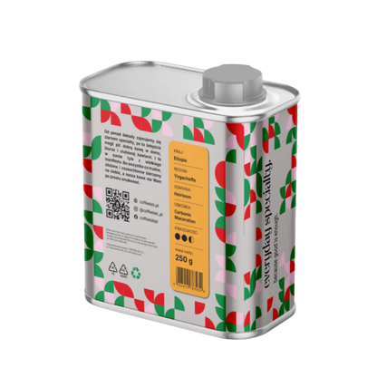Side view of CoffeeLab Ethiopia specialty coffee metal tin with colorful geometric pattern and "everyday specialty" slogan