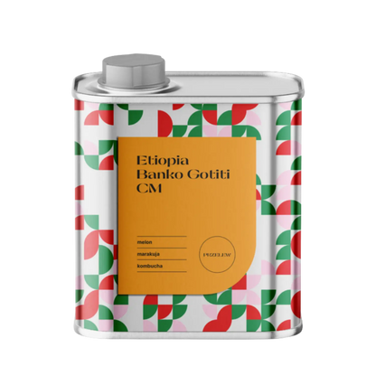 CoffeeLab Ethiopia Banko Gotiti CM specialty coffee in a retro metal tin, filter roast with melon, passionfruit, and kombucha tasting notes