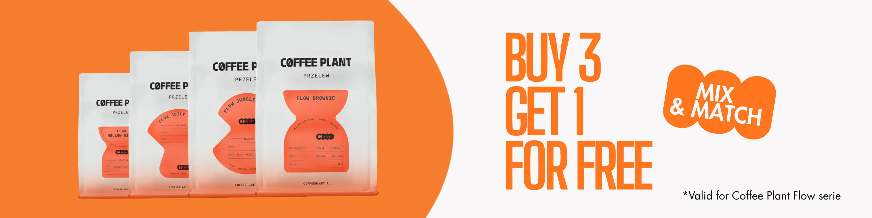 Wide banner showcasing four Coffee Plant Flow coffee bags with large orange text promoting "BUY 3 GET 1 FOR FREE".
