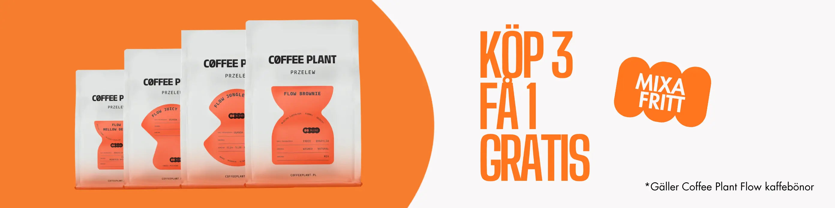 Bred svenskspråkig kampanjbanner som visar fyra Coffee Plant Flow kaffepåsar med texten "KÖP 3 FÅ 1 GRATIS".