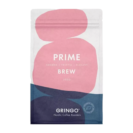 Framsida av Gringo Nordic Prime Brew 500g kaffepåse med rosa och blå design