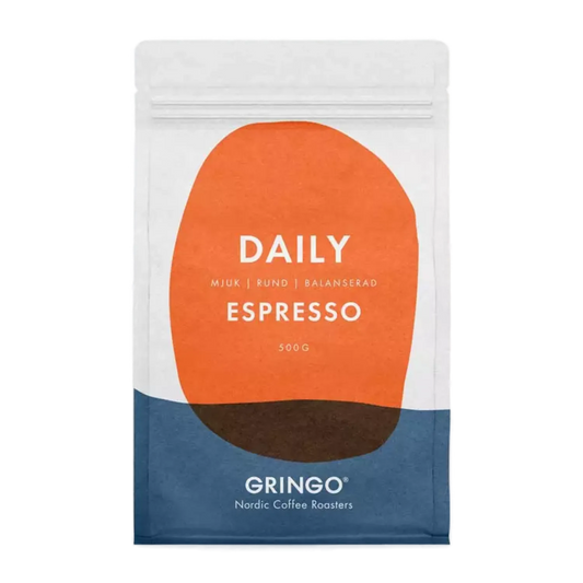 Framsida av Gringo Nordic Daily Espresso 500g kaffepåse med orange och blå design