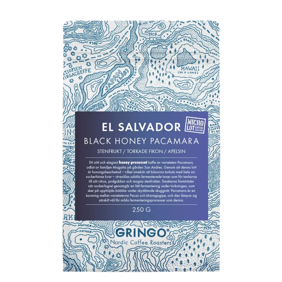 A 250g bag of Gringo Nordic Coffee Roasters El Salvador Black Honey Pacamara coffee, featuring a blue and white topographic map design with a dark blue central label.