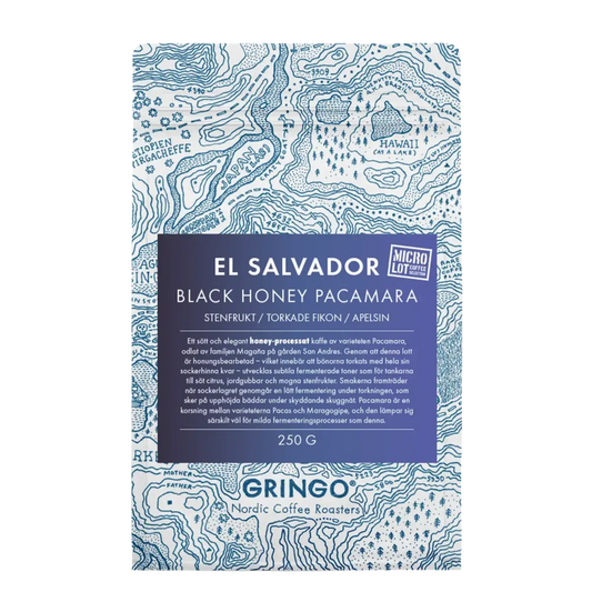 A 250g bag of Gringo Nordic Coffee Roasters El Salvador Black Honey Pacamara coffee, featuring a blue and white topographic map design with a dark blue central label.