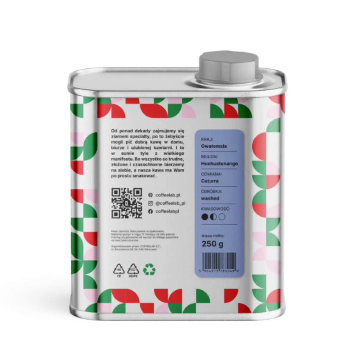 Back label of CoffeeLab Guatemala Wiwitz coffee tin, specifying Caturra variety, washed process, and 250g packaging