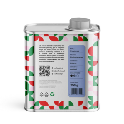 Back label of CoffeeLab Guatemala Wiwitz coffee tin, specifying Caturra variety, washed process, and 250g packaging