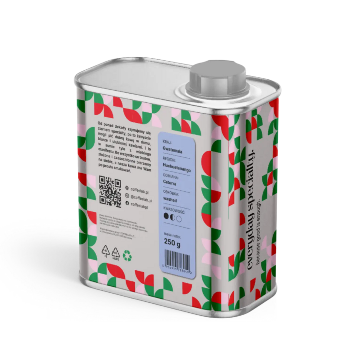 Side view of Guatemala Wiwitz specialty coffee tin by CoffeeLab with geometric green and red pattern, showing Huehuetenango region details