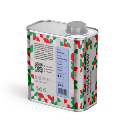 Side view of Guatemala Wiwitz specialty coffee tin by CoffeeLab with geometric green and red pattern, showing Huehuetenango region details