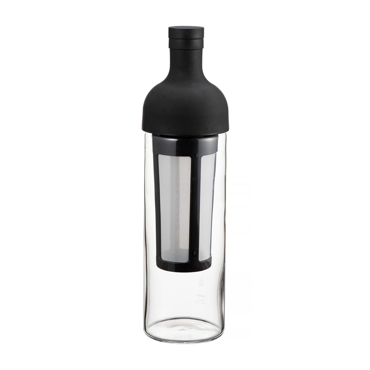 Clear Hario Cold Brew glass bottle with black lid and interior filter on a white background
