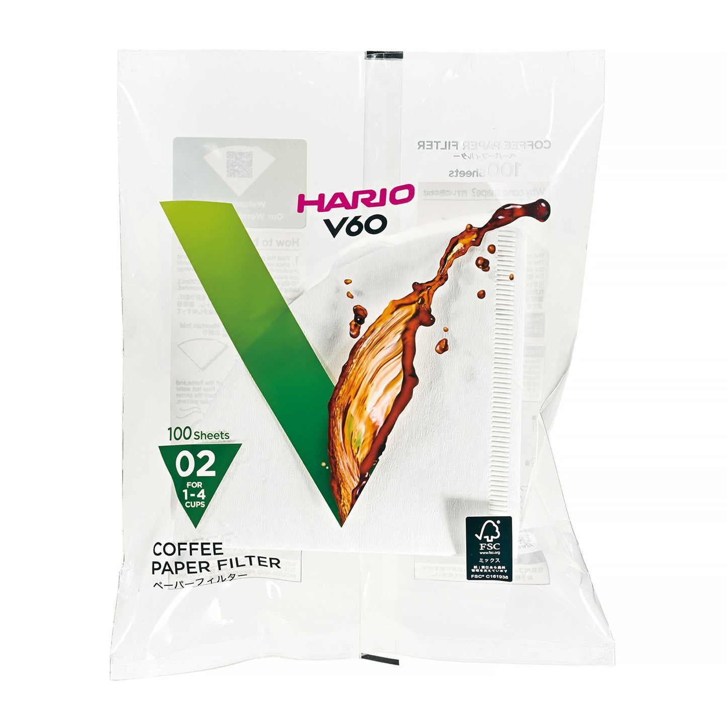 Hario V60 size 2 coffee paper filter package - 100 sheets with a white background
