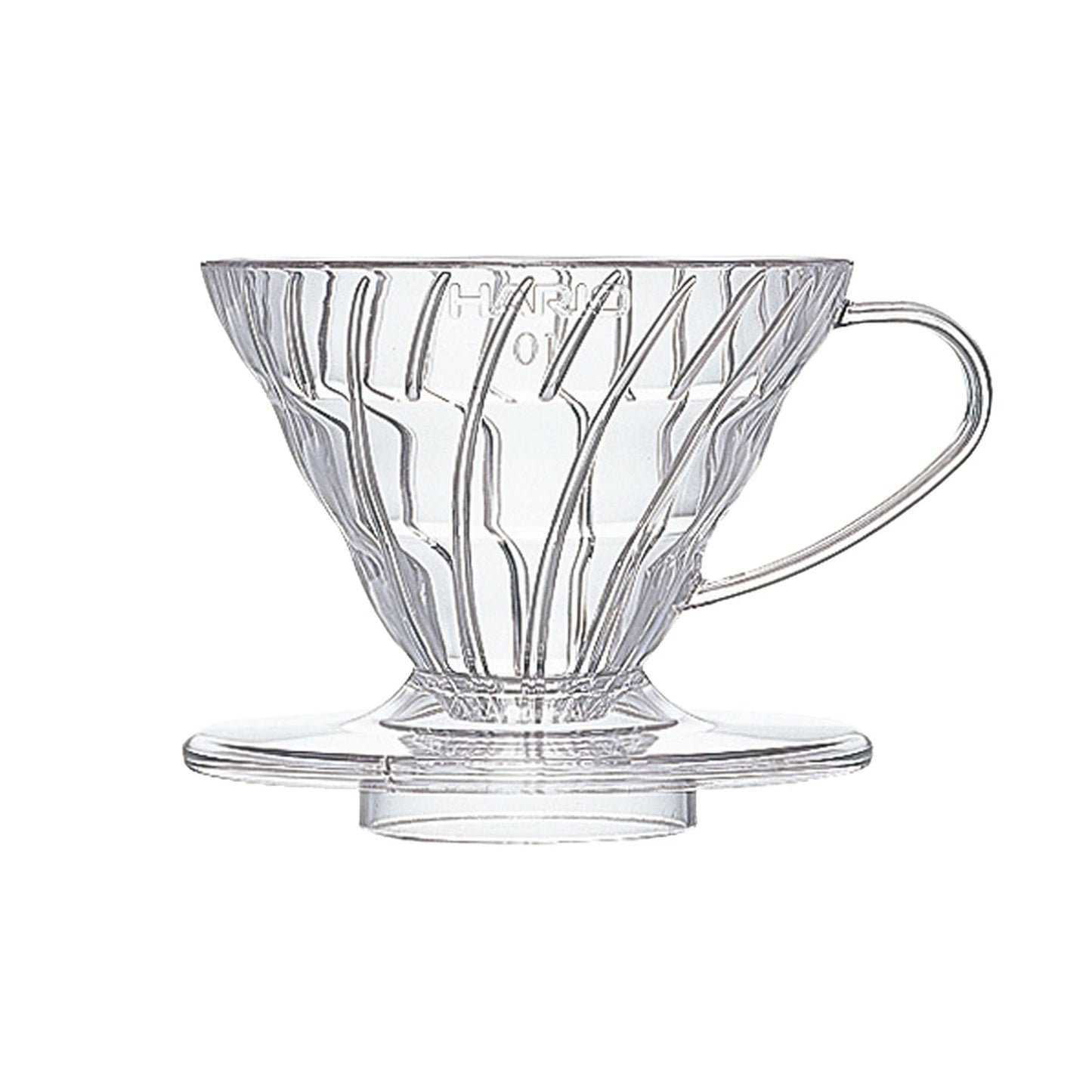Hario V60-01 clear plastic dripper on a white background