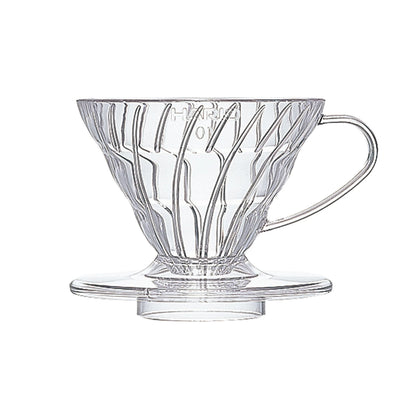 Hario V60-01 clear plastic dripper on a white background