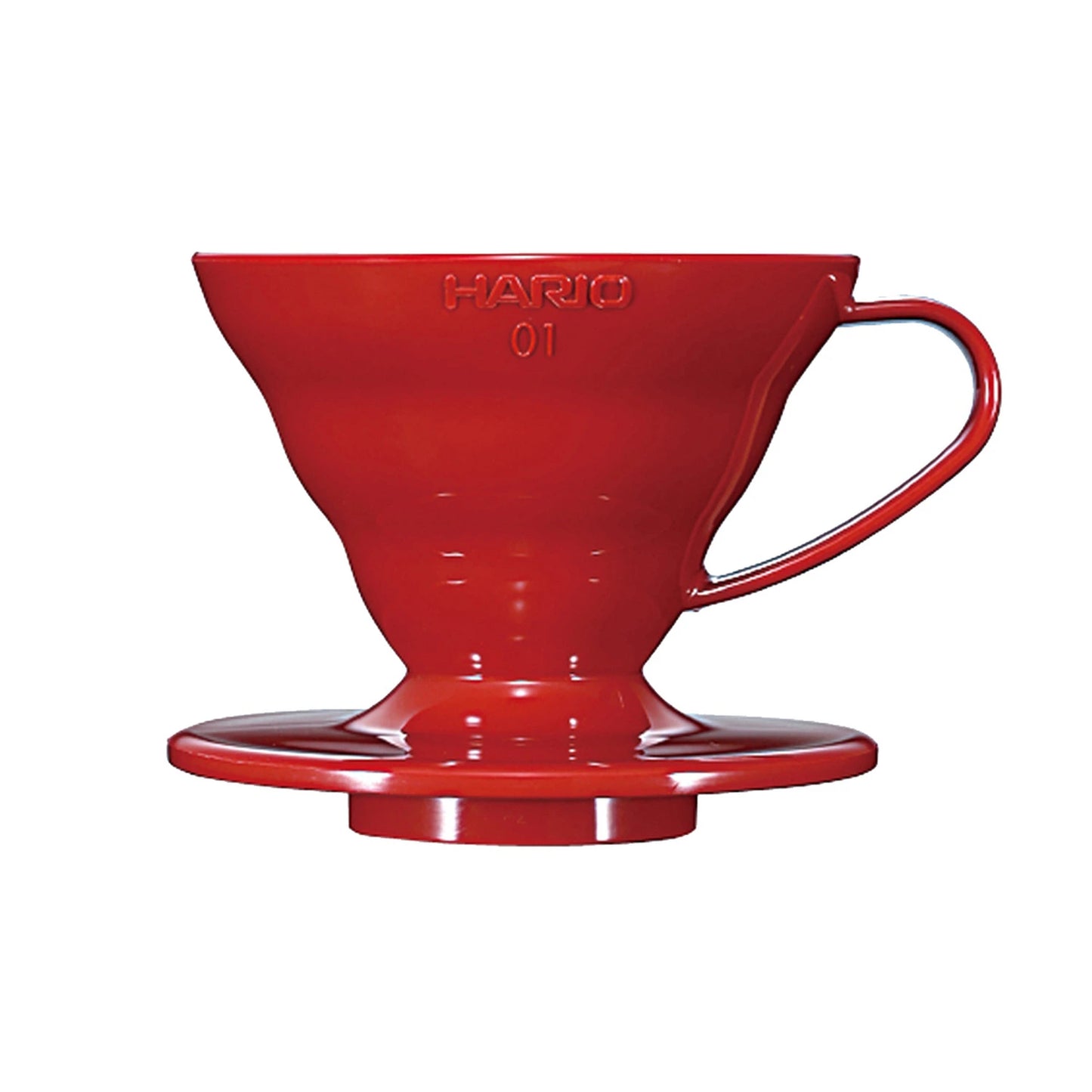Hario V60-01 red plastic dripper on a white background