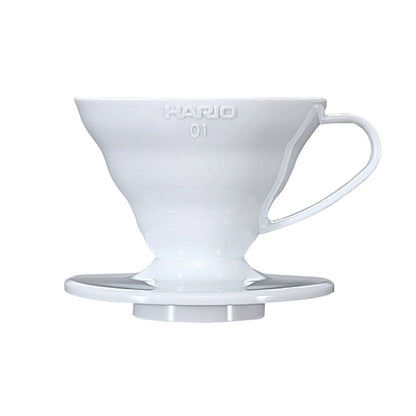 Hario V60-01 white plastic dripper on a white background