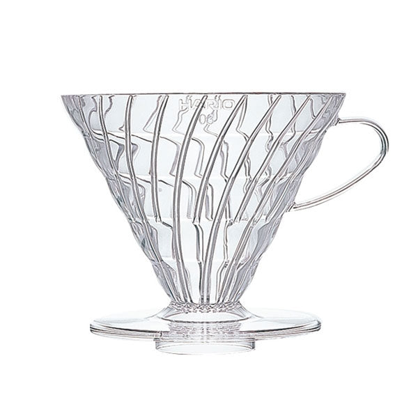 Hario V60-03 clear plastic dripper on a white background