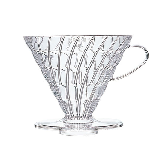 Hario V60-03 clear plastic dripper on a white background