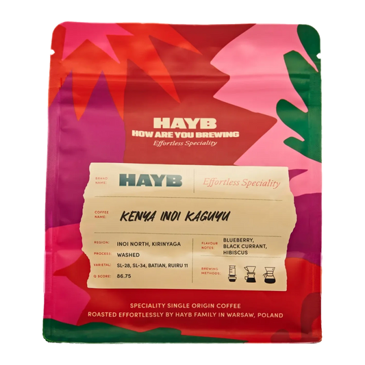 En påse HAYB Kenya Inoi Kaguyu specialkaffe med ett färgglatt abstrakt mönster i rosa, rött och grönt.