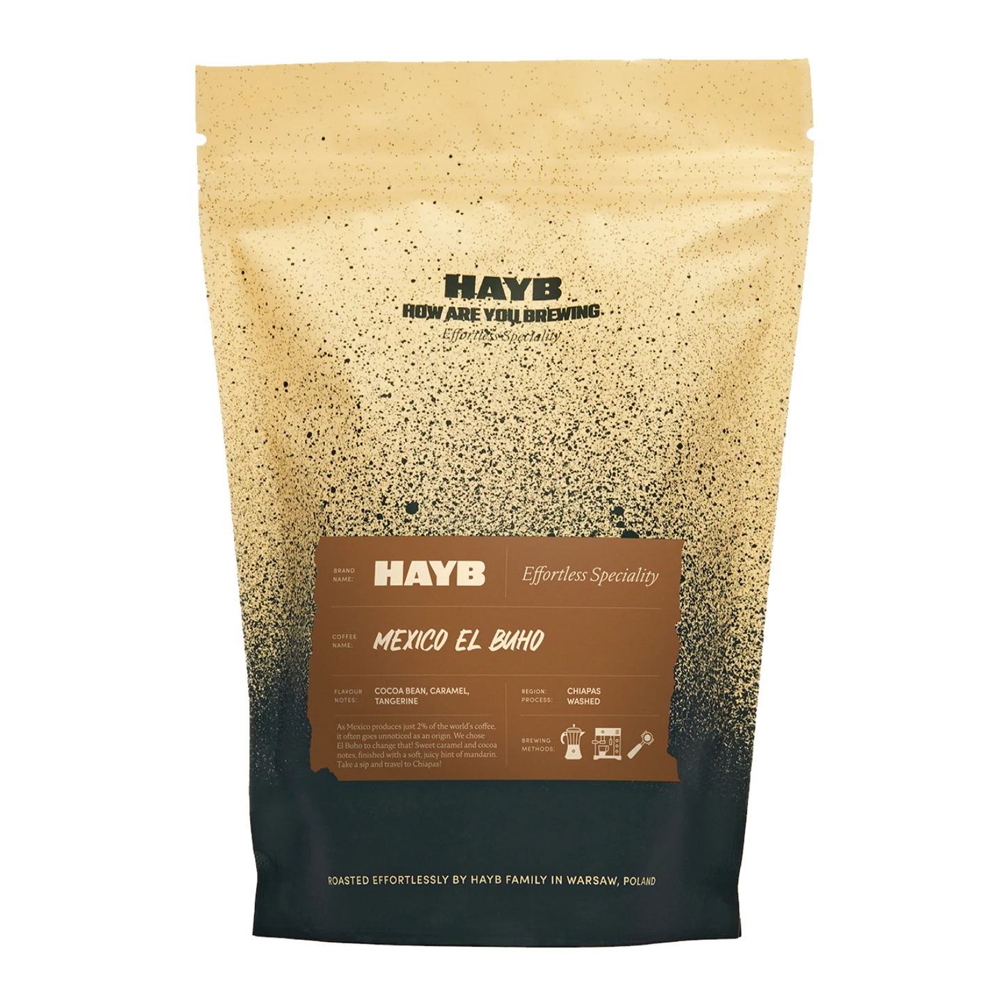 Kaffepåse med HAYB "Mexico El Buho"-design på vit bakgrund