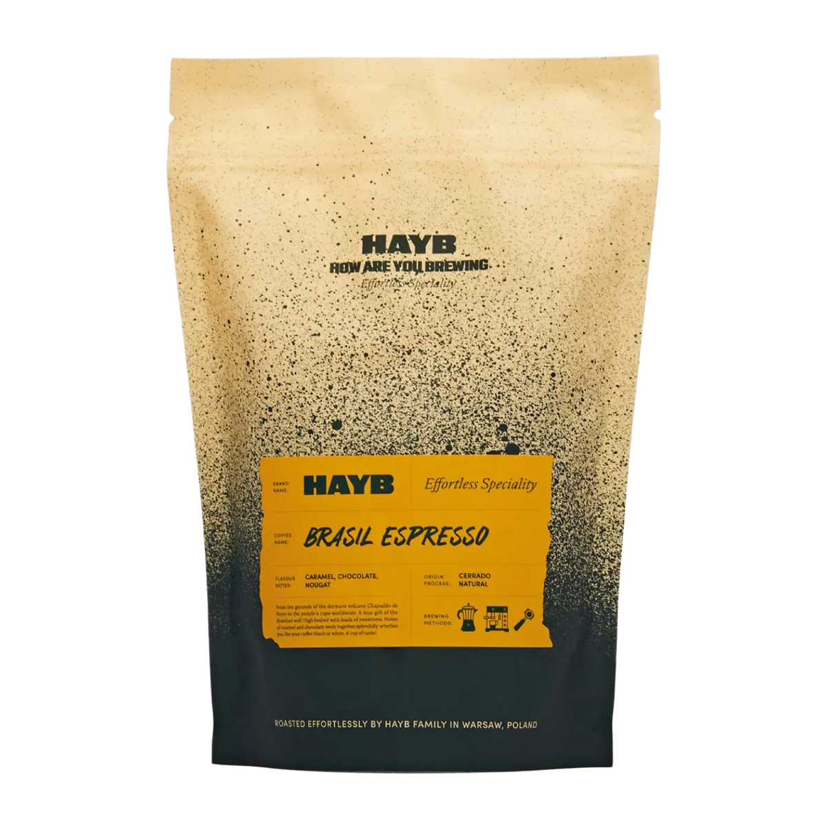 Coffee bag with HAYB Brazil Espresso branding on a white background
