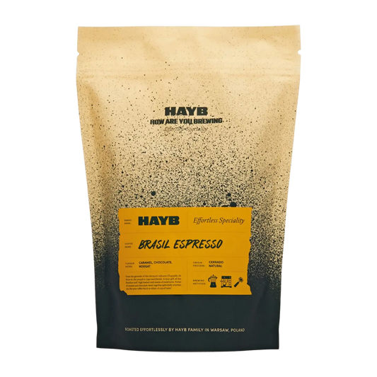 Coffee bag with HAYB Brazil Espresso branding on a white background