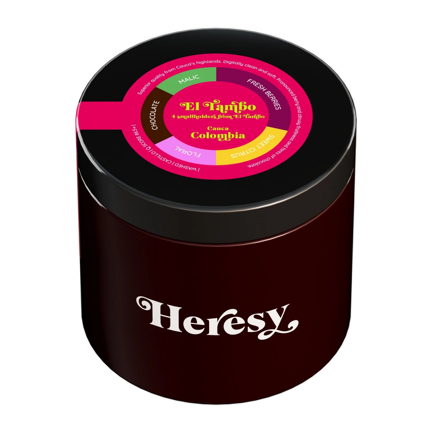 En mörkröd cylindrisk burk med svart lock som visar en "Heresy"-logotyp och en färgglad toppetikett för "El Tambo".