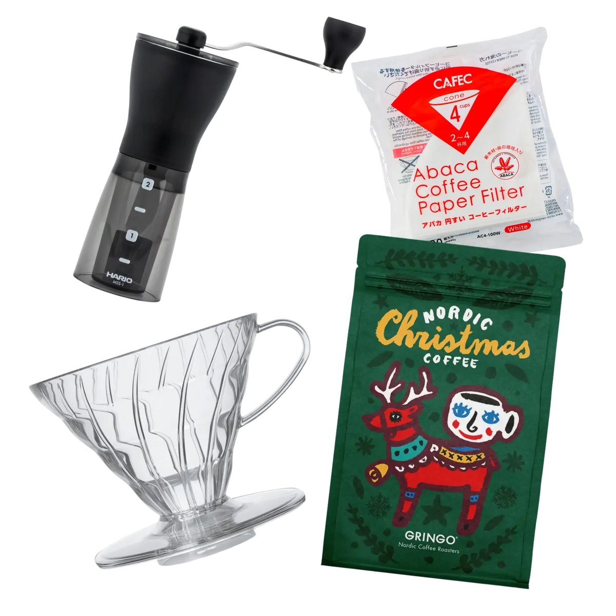 Hario rött plastkaffeset med handkvarn, pappersfilter och Gringo Nordic julkaffe