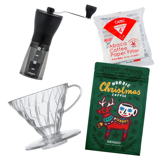 Hario red plastic coffee set with hand grinder, paper filters and Gringo Nordic Christmas coffee