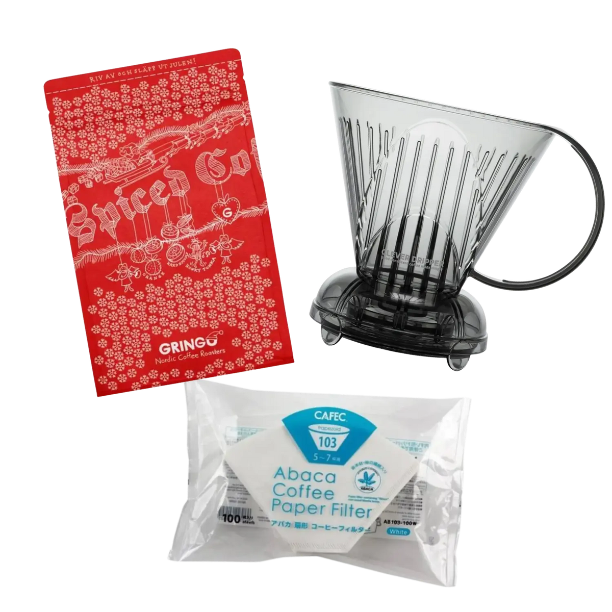 Clever Dripper coffee brewing set with paper filters and Gringo Spiced Coffee
