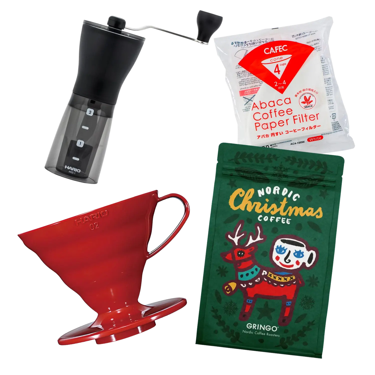 Hario rött plastkaffeset med handkvarn, pappersfilter och Gringo Nordic julkaffe