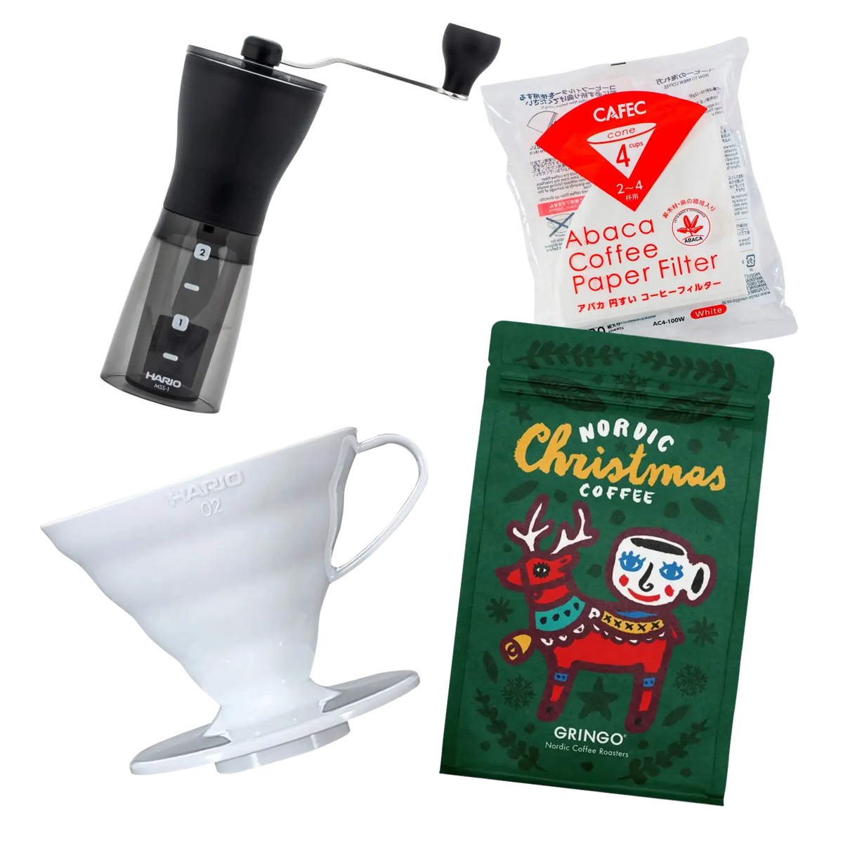 Hario vitt plastkaffeset med handkvarn, pappersfilter och Gringo Nordic julkaffe