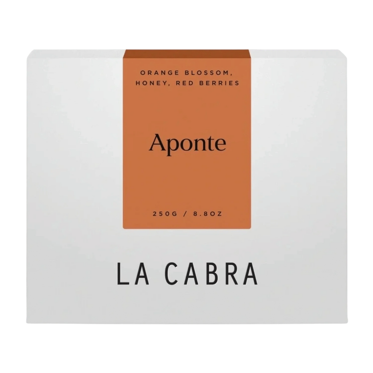 La Cabra "Aponte" kaffeförpackning med vit bakgrund och orange etikett