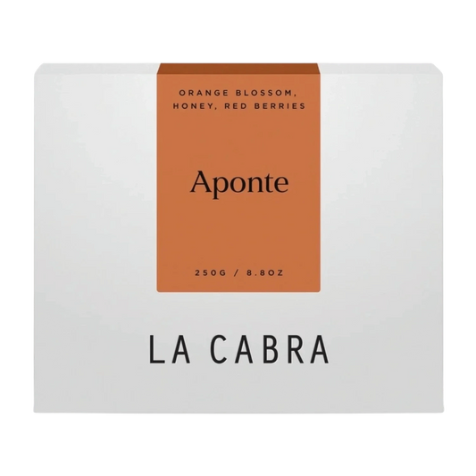 La Cabra "Aponte" coffee packaging with a white background and a orange label