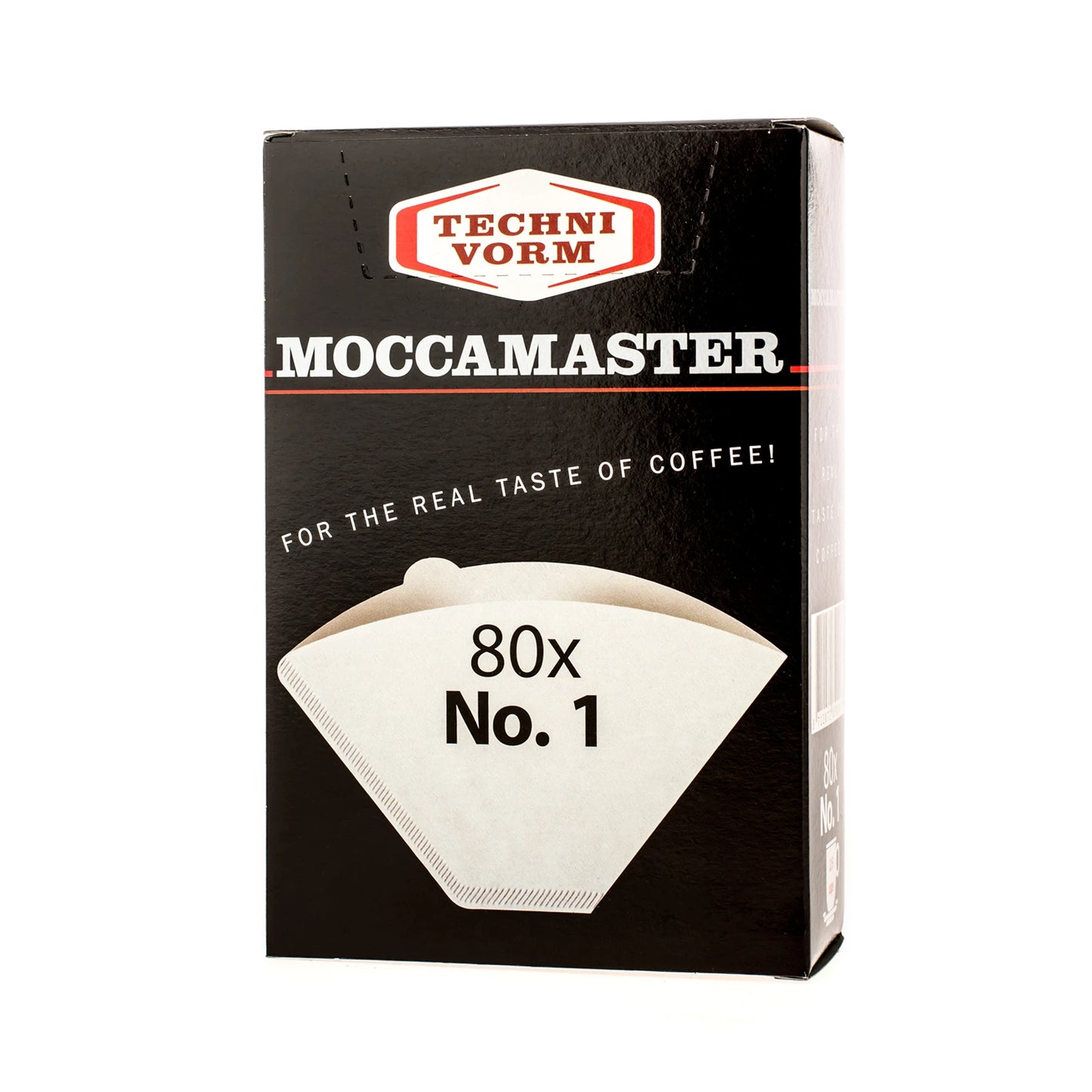 Black Moccamaster paper filters No.1 80 pcs packaging on the white background
