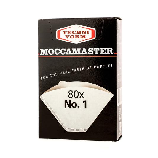 Black Moccamaster paper filters No.1 80 pcs packaging on the white background