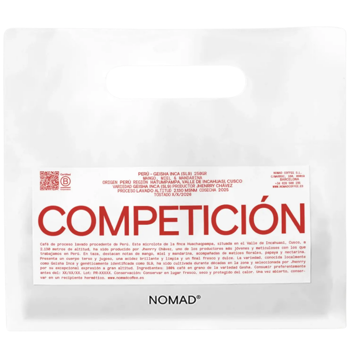 A white bag of NOMAD brand coffee with a prominent white label featuring the brand name 'COMPETICION'.