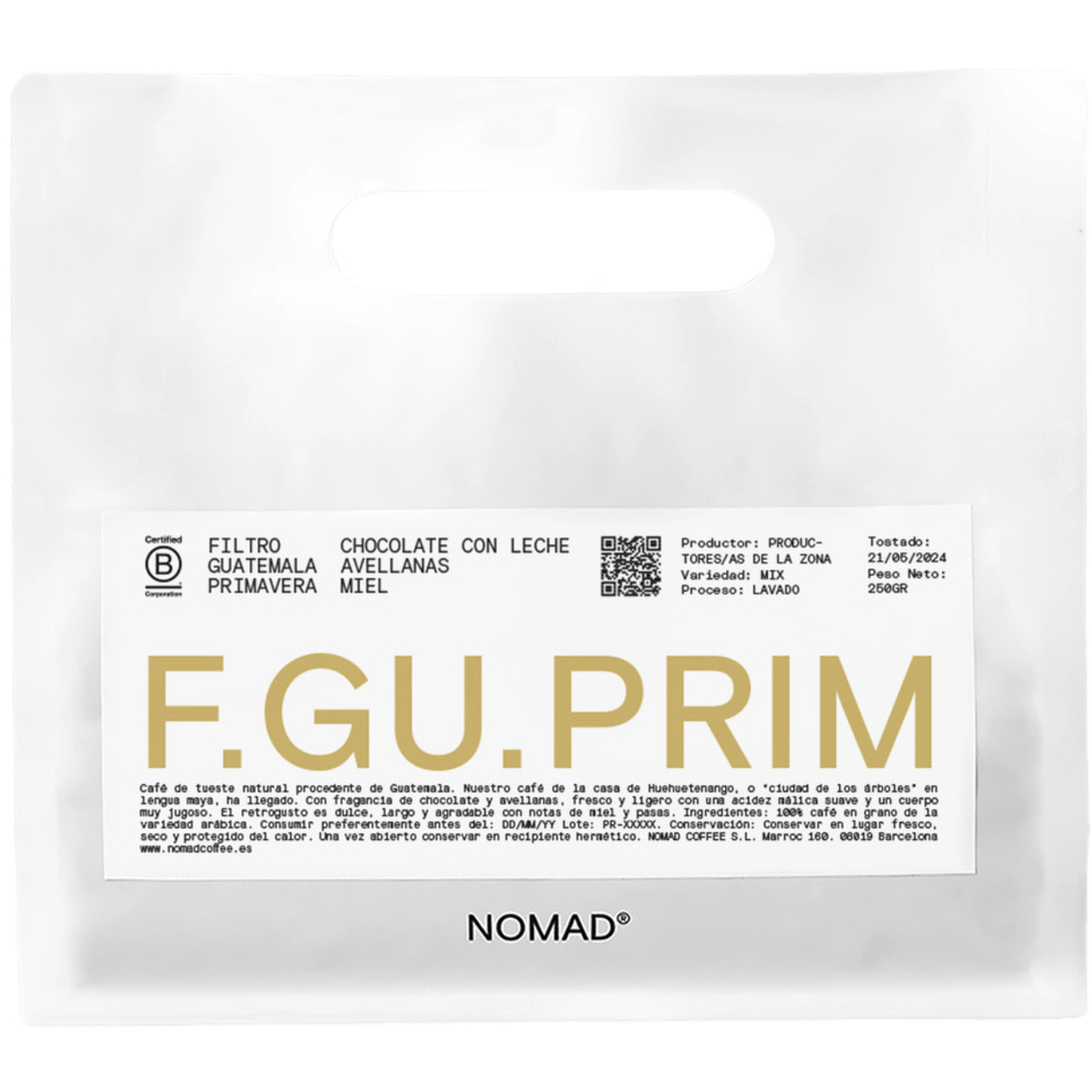 White Nomad Coffee bag Guatemala Primavera Filter 250g with large gold F.GU.PRIM text