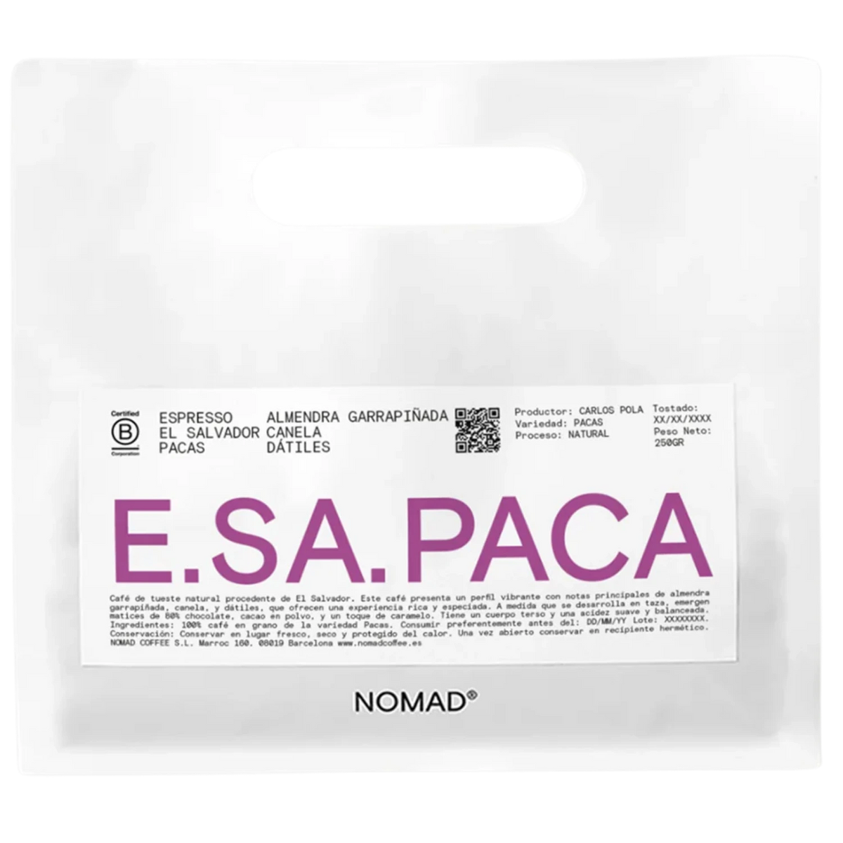 A white bag of NOMAD brand coffee with a prominent white label featuring the brand name 'E.SA.PACA'.