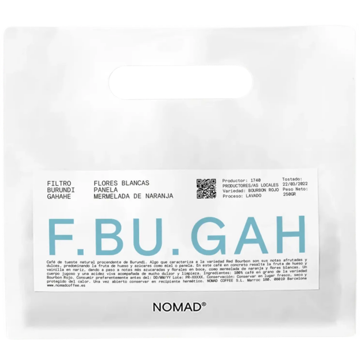 A white bag of NOMAD brand coffee with a prominent white label featuring the brand name 'F.BU.GAH'.
