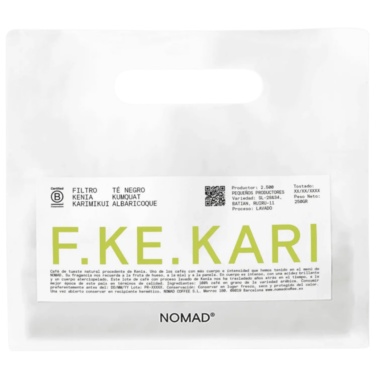 A white bag of NOMAD brand coffee with a prominent white label featuring the brand name 'F.KE.KARI'.