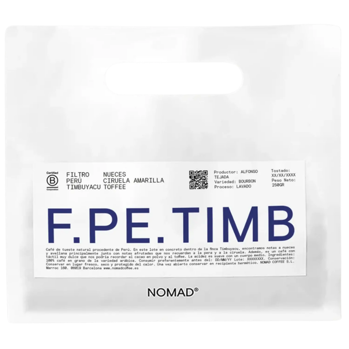 A white bag of NOMAD brand coffee with a prominent white label featuring the brand name 'F.PE.TIMB'.
