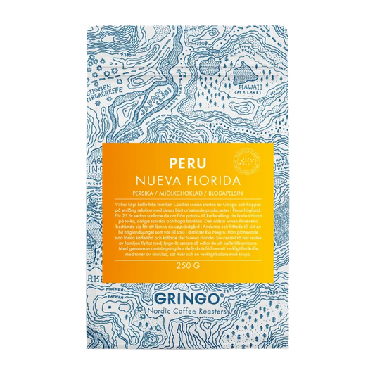 Gringo Nordic Peru Nueva Florida 250g kaffepåse med blått topografiskt mönster och gul etikett