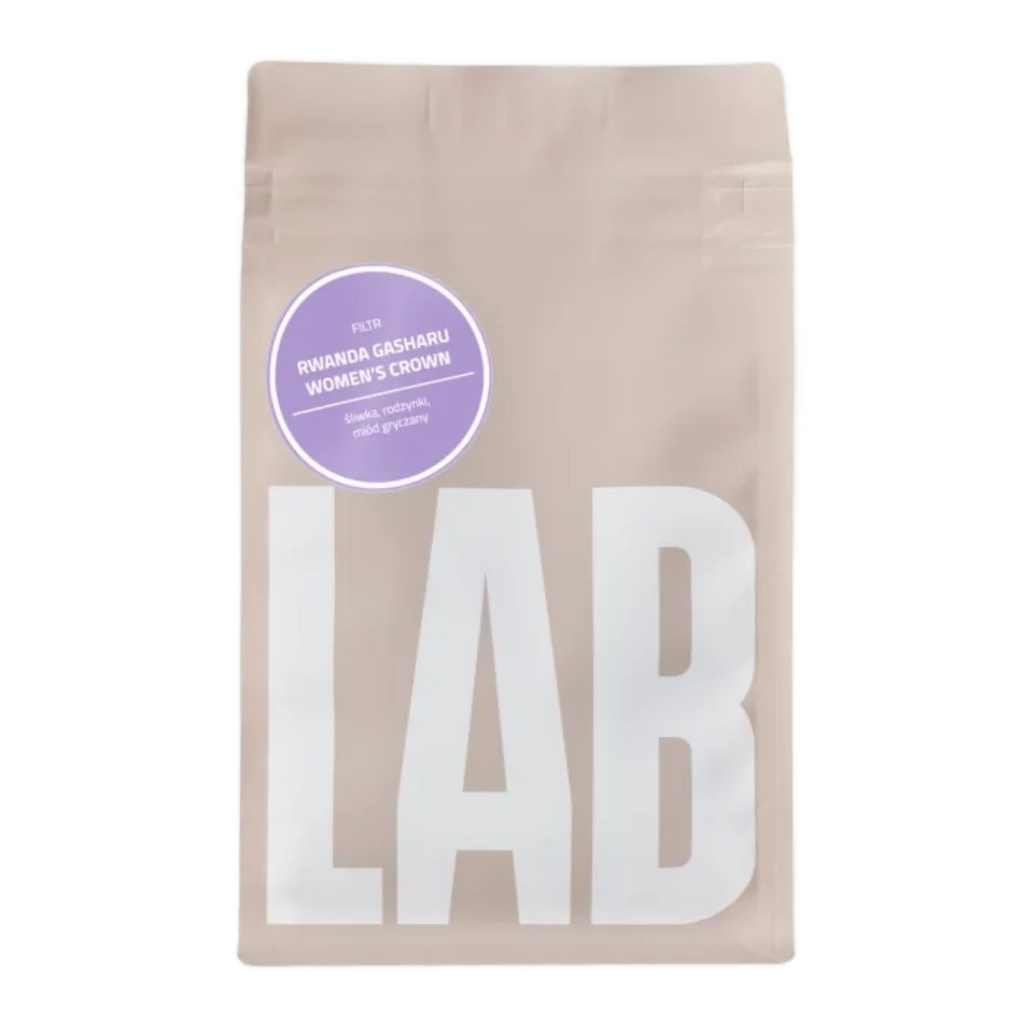 Beige CoffeeLab-påse Rwanda ”Gasharu Women's Crown” med ljuslila klistermärke.