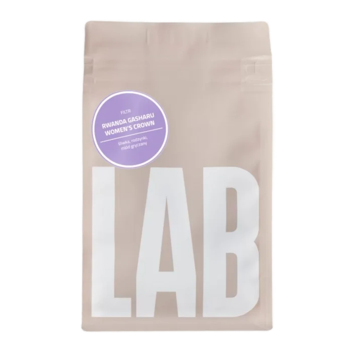 Beige CoffeeLab-påse Rwanda ”Gasharu Women's Crown” med ljuslila klistermärke.