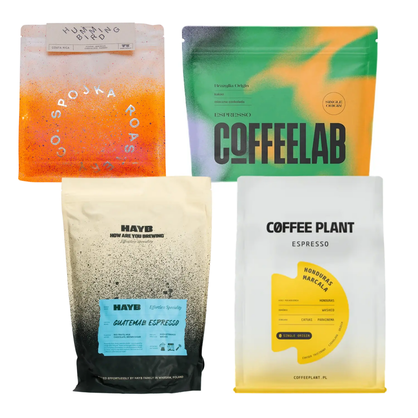 Four coffee bags from different brands on a white background