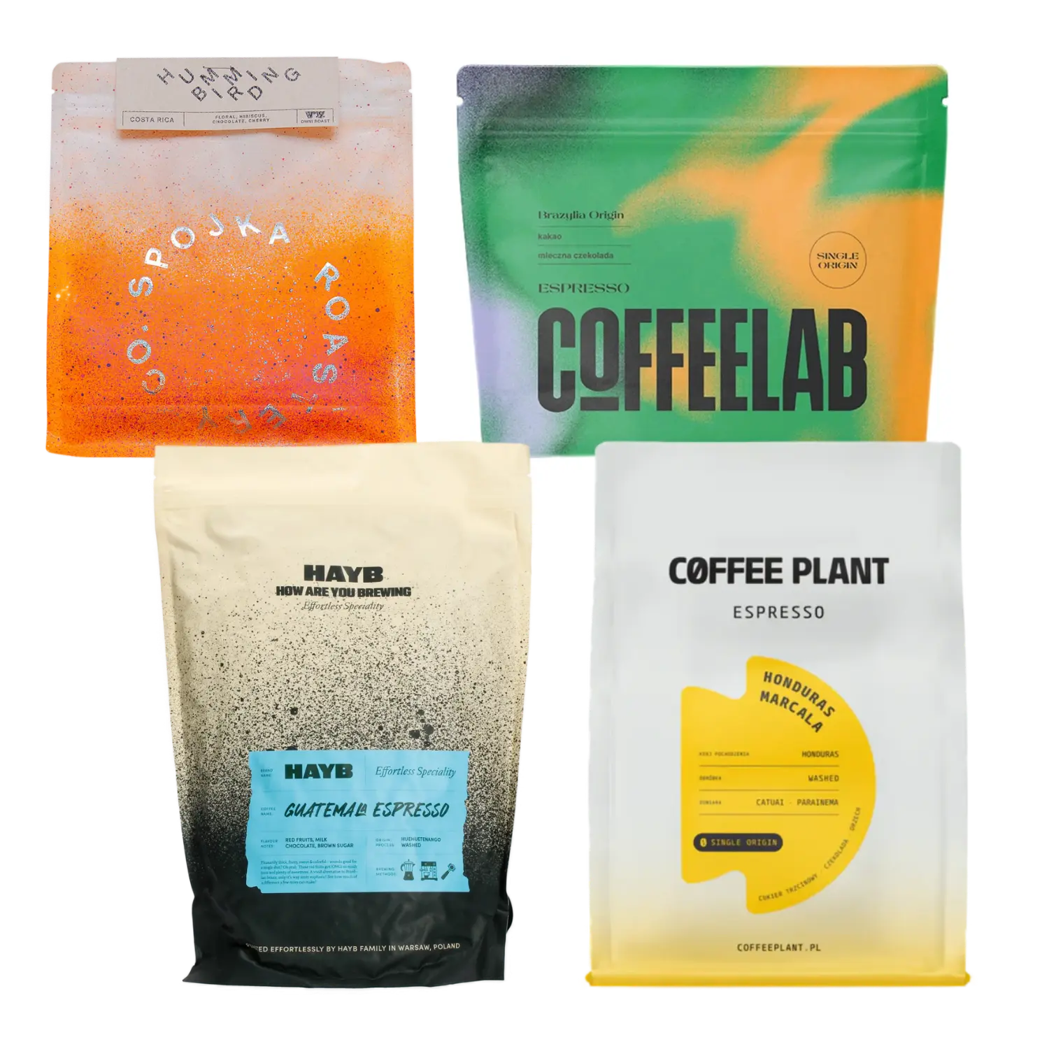 Four coffee bags from different brands on a white background