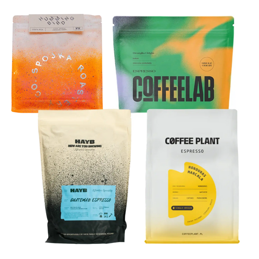 Four coffee bags from different brands on a white background