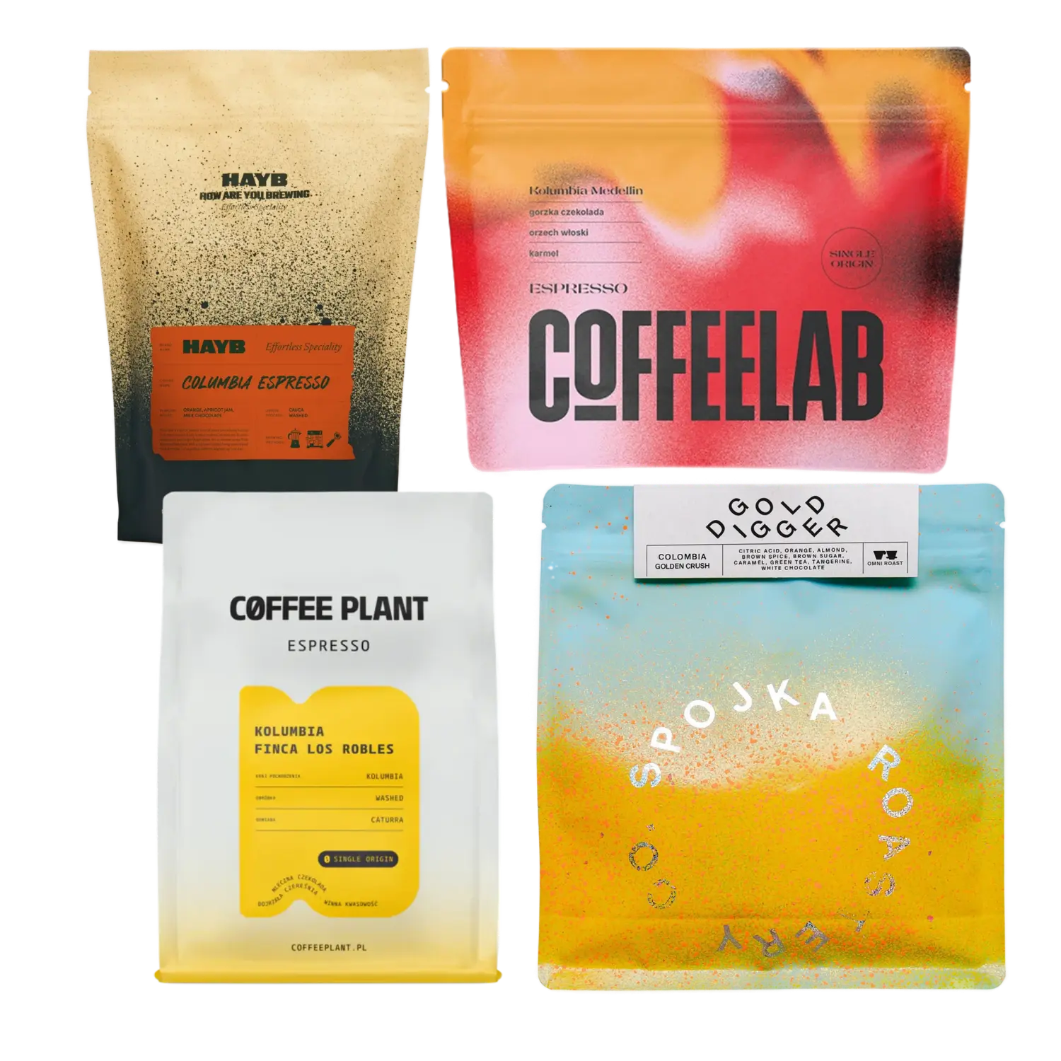 Four coffee packages with different designs on a white background