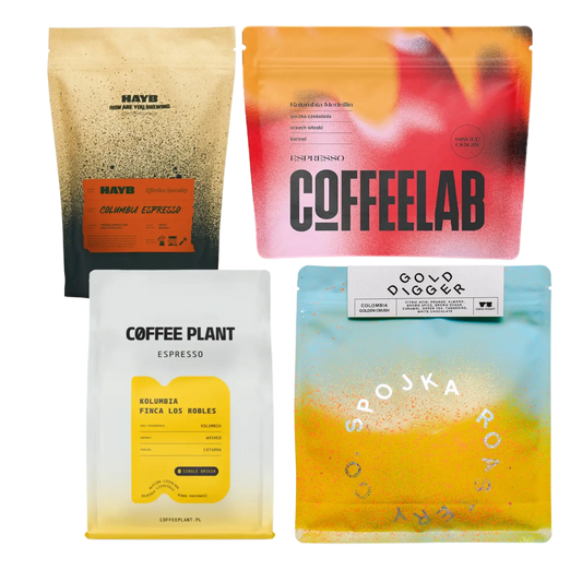 Four coffee packages with different designs on a white background