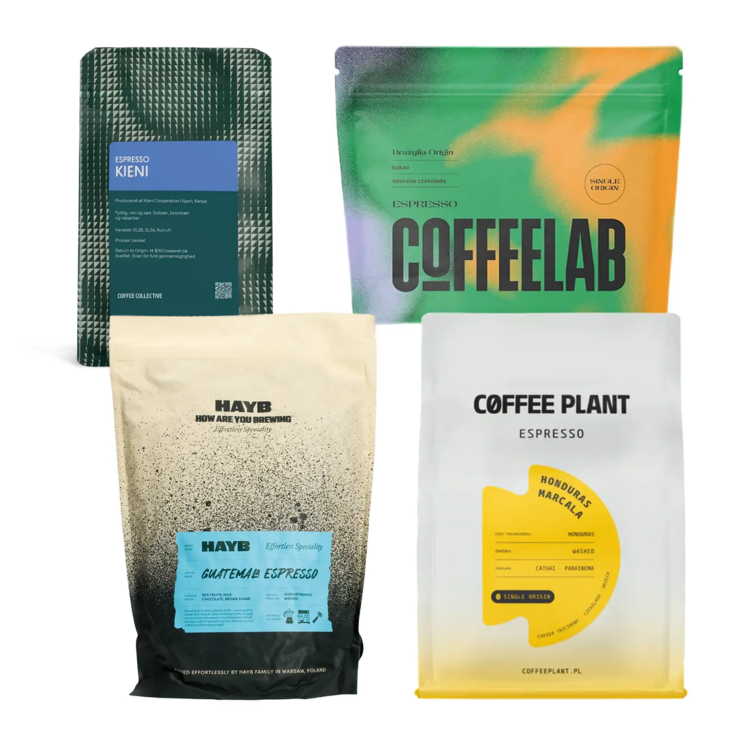 Four coffee bags from different brands on a white background