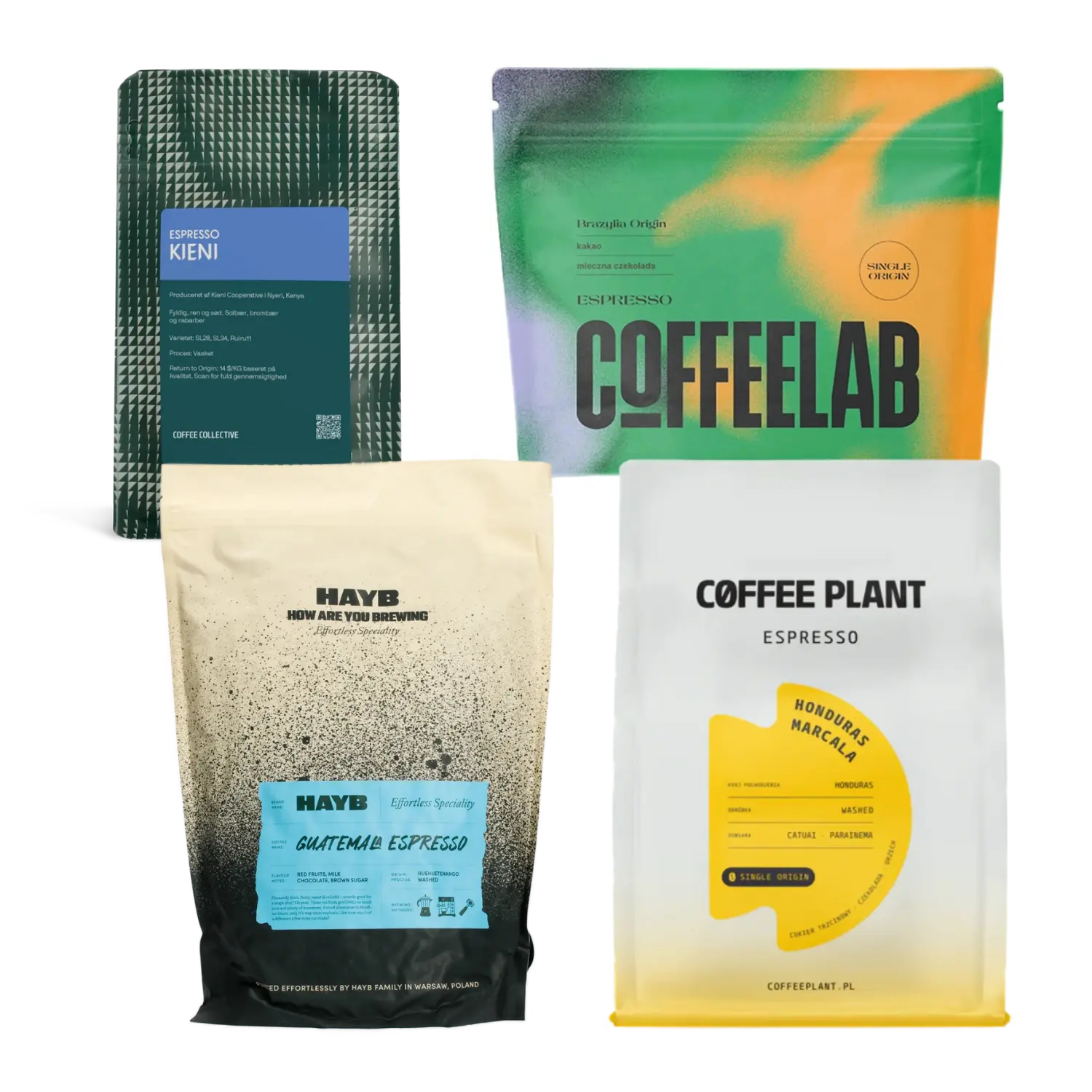 Four coffee bags from different brands on a white background